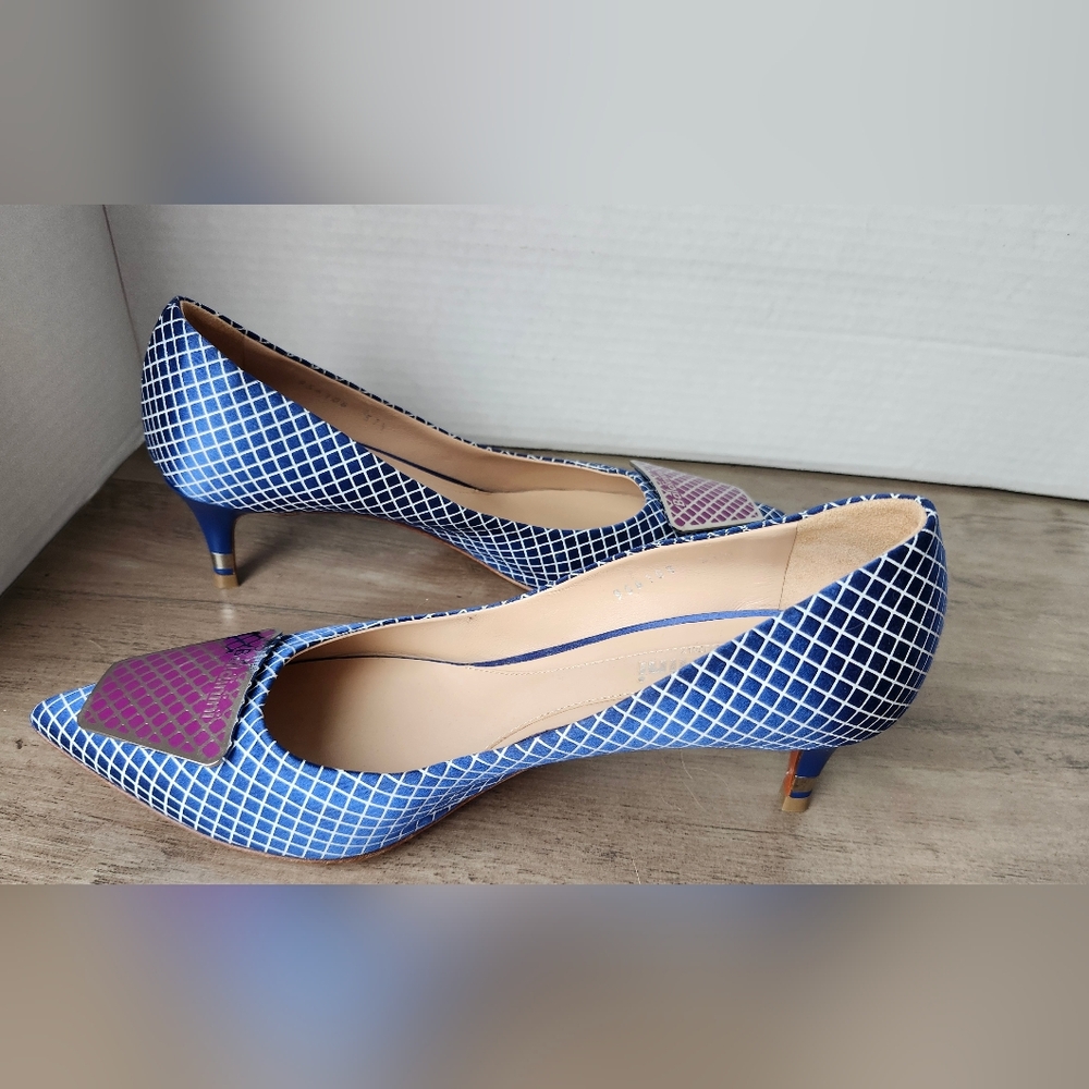 Baldinini Italian Designer Grid Print Kitten Heel Pumps Size 37.5 Made in Italy - Picture 11 of 16